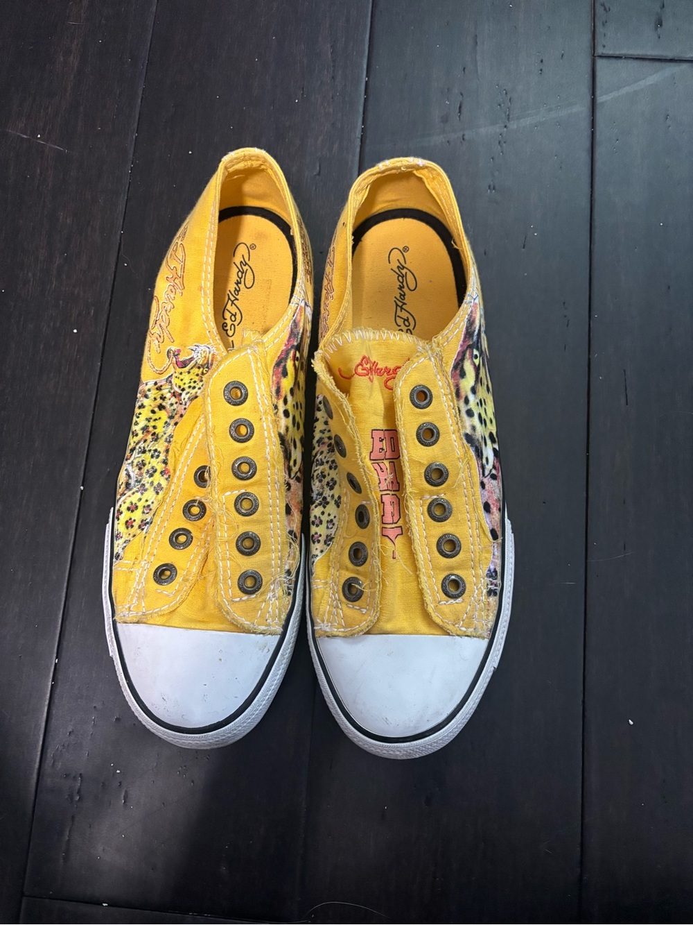 Ed Hardy Yellow Canvas Slip-On Sneakers with Multicolor Leopard Print